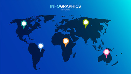 World map infographic. 5 multi-colored pins on the continents. Vector illustration in flat style for infographics, banners, sites and print products.