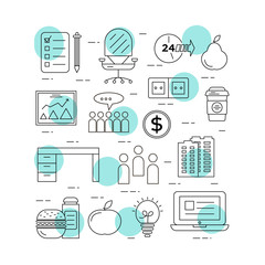 Office and bureau linear illustrations pack, line icons set