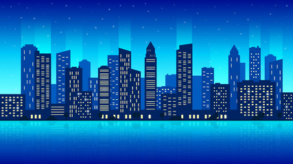 Night city, urban view flat vector illustration.