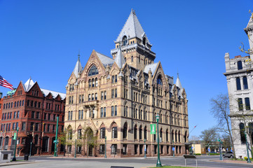 Fototapeta na wymiar Syracuse Savings Bank Building was built in 1876 with Gothic style at Clinton Square in downtown Syracuse, New York State, USA. Now this building is a US National Register of Historic Places.