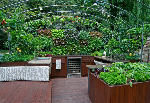 An outdoor kitchen with a ready supply of fresh herbs and vegetables in a vertical garden