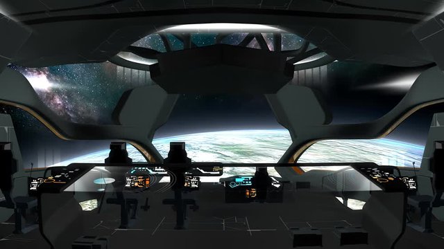 Sci-Fi spaceship command room view.