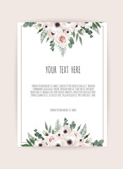 floral design card. Greeting, postcard wedding invite template. Elegant frame with rose and anemone