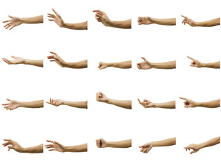Multiple of man's hand gesture isolated on white background. Carefully cut out by pen tool and insert a clipping path.
