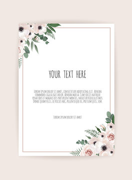 Floral Design Card. Greeting, Postcard Wedding Invite Template. Elegant Frame With Rose And Anemone