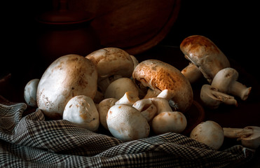 Fresh champignon mushrooms group on the table. Fresh vegetables mushrooms - the concept of healthy proper nutrition. Dark Food Photography