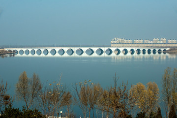 Fototapeta premium Chinese Bridge Architecture, Round-hole Bridge Scenery on Rivers