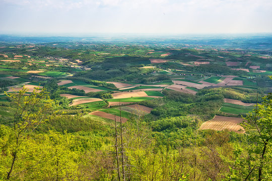 Panorama of the Macva (serbian: Mačva) Serbian a geographical and historical region in the northwest of Central Serbia. Photographed from the top of the Cer mountain. Serbian fields and space.