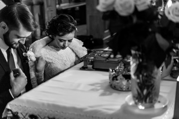 stylish luxury bride and elegant groom, making oaths, emotional traditional  wedding ceremony