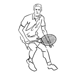 Male tennis player with racket. Isolated black contour. Vector graphic illustration. Abstract hand drawn silhouette. Line drawing. Man playing tennis. Athlete in active pose. Professional sport, hobby