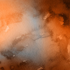 Fototapeta premium Orange with brown ink and watercolor textures on white paper background. Paint leaks and ombre effects. Hand painted abstract image.