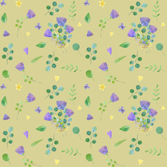 seamless pattern with cute watercolor illustration of stylized flowers.
