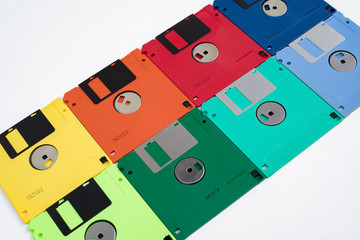 Multi colored 3.5 floppy disks in diagonal