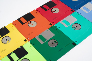 Multi colored 3.5 floppy disks in diagonal