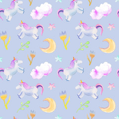 Fototapeta na wymiar Unicorns, moon, flowers pattern