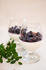 Panna Cotta with blueberry confiture and blueberries and a sprig of lingonberries.