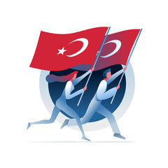 Man and woman are running with Turkish flags.