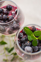 Panna Cotta with blueberry confiture and blueberries and a sprig of lingonberries.