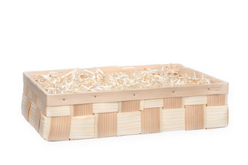 Wooden box for eco gift filled with decorative shredded white paper/straw. Isolated on white. Clipping path included.