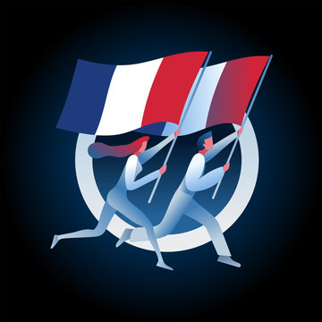 Man and woman are running with French flags.