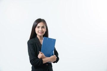 Asian business women are smiling and holding with clipboard  for working happy on white background