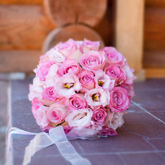 Wedding bouquet. Wedding day. Wedding decorations. Happy newlyweds.