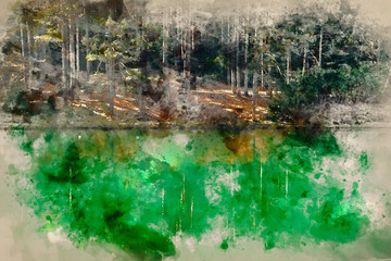 Watercolour painting of Beautiful vibrant landscape image of old clay pit quarry lake with unusual colored green water
