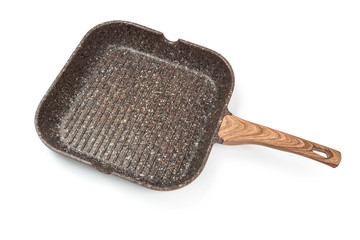 Photo of a ceramic Grill frying pan with a wooden handle isolated on a white background. Studio shot