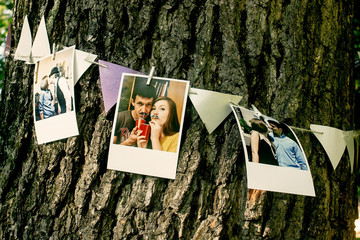 photos of couple and ribbons hanging on tree, handmade adorning and arrangement at celebration events, bridal shower, photo booth