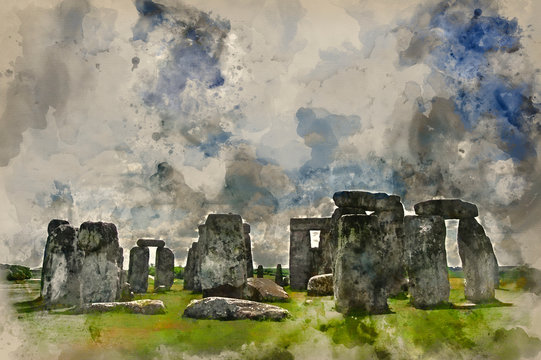 Watercolour painting of Stonehenge, a megalithic monument in England built around 3000BC