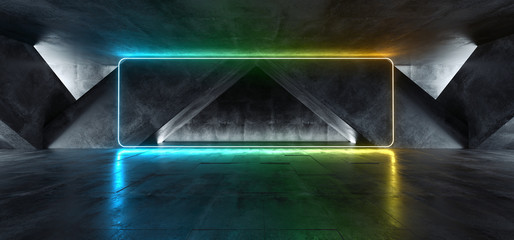 Vibrant Triangle Neon Background Glowing Rainbow Blue Green Yellow  Path Track Gate Entrance Sci Fi Futuristic Virtual Reality Dark Tunnel Concrete Grunge Reflective Laser Lights 3D Rendering