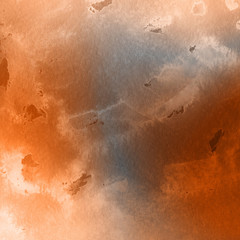 Fototapeta premium Orange with brown ink and watercolor textures on white paper background. Paint leaks and ombre effects. Hand painted abstract image.