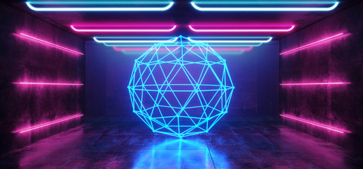 Abstract Sphere Laser Background Neon Retro Futuristic Sci Fi Modern Spaceship Glossy Spectrum Purple Blue Vibrant Pink Rainbow Grunge Concrete Reflective Empty Dark Room 3D Rendering