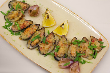 Mussels and lemon.Restaurant and food
