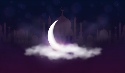 Ramadan Kareem background. Muslim feast of the holy month. Beautiful crescent and mosque silhouette in clouds with stars and sunlight. Greeting card template for Ramadan and Muslim Holidays