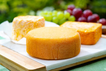 French cheeses collection, Riche de Saveurs, Langres and Le peche des bons peres cheeses served on white marble plate outdoor in green garden