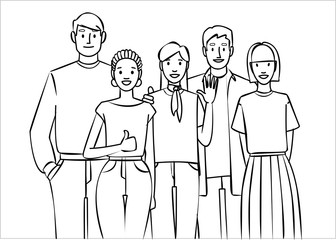 A group of young people. International team. Young professionals. Students. Outline.