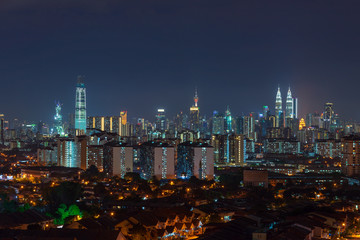 KUALA LUMPUR, MALAYSIA - 30th APRIL 2019; Beautiful aerial night city lights view on downtown Kuala Lumpur from residential area in Ampang. 