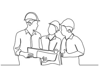 continuous line drawings of some construction workers wearing helmets that stand at meetings and discuss. vector illustration isolated on white background