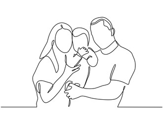 Continuous line drawing of happy family father, mother and one child playing. vector illustration isolated on white background