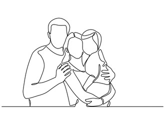 Continuous line drawing of happy family father, mother and one child playing. vector illustration isolated on white background