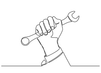 Continuous line drawing of hand holding a wrench. Isolated on a white background