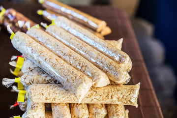 Bag of striped almonds on a flea market in Spain