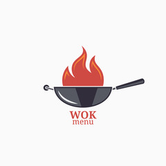 Frying pan design menu. Wok with fire flame - obrazy, fototapety, plakaty