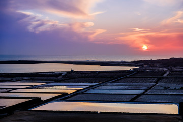 Sunset at Salinas de Janubio. Old salt pans in the south of Lanzarote were they harvest salt the traditional way