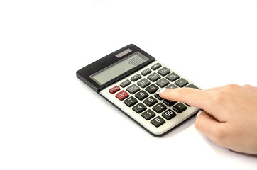 calculator and hand isolated on white background