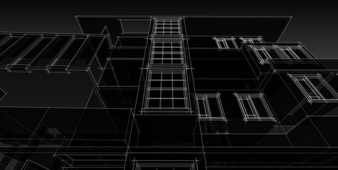 3D illustration architecture building perspective lines.