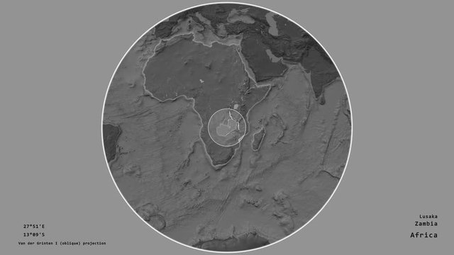 Zambia and its capital circled and zoomed on the global bilevel map in the van der Grinten I projection with animated oblique transformation. Animation 3D