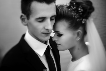 gorgeous bride and stylish groom gently hugging at sandy beach lake, beautiful moment, black and white photo