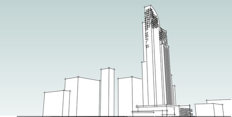 3D illustration architecture building perspective lines.
